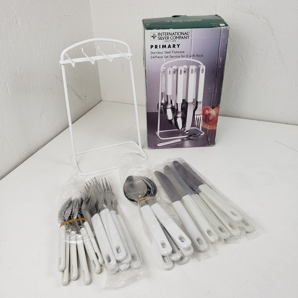 International Silver Co Primary 24pc Flatware Set Service for 6 with Rack White
